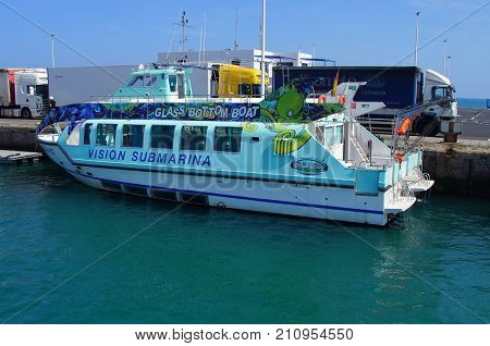 Corralejo, Fuerteventura, Canary Islands, Spain - October 24, 2017: Vision submarina glass bottom boat in the harbor of Corralejo.