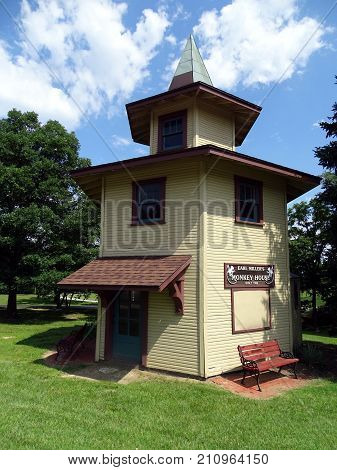 Centrerville, Ohio, United States-July 16, 2017:  A timber hexagonal building build in 1930 by Edwin Earl Miller to hold monkeys to attract  customers to his general store