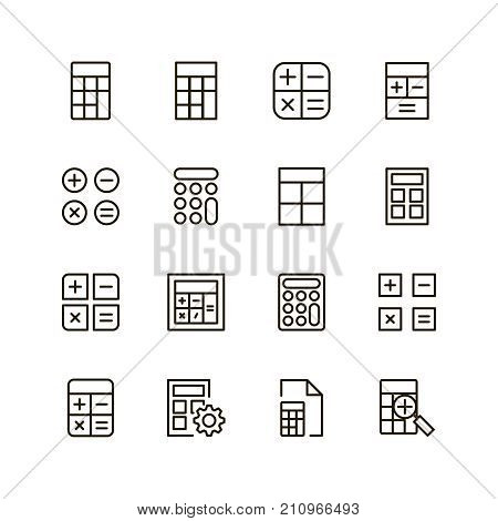 Calculator icon set. Collection of high quality outline calculation pictograms in modern flat style. Black internet symbol for web design and mobile app on white background. Calculator line logo.