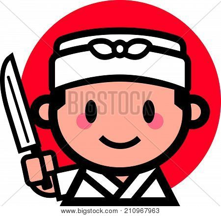 Cute Japanese chef smiling and holding a Japanese Kitchen Knife, vector mascot character illustration