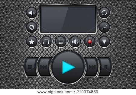 Music player control panel interface on metal perforated background. Vector 3d illustration