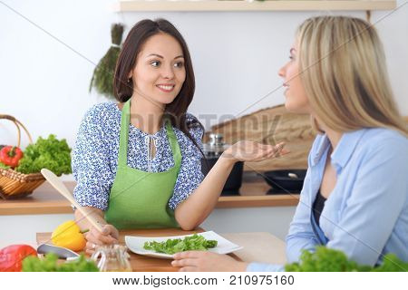 Two young happy woman making cooking in the kitchen. Friendship and culinary concept.