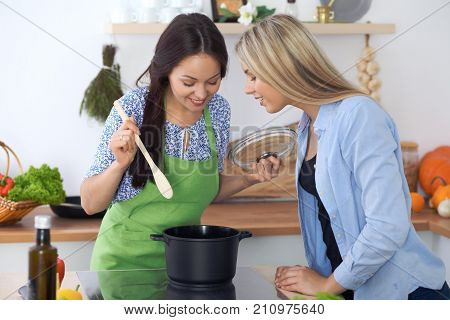 Two young happy woman making cooking in the kitchen. Friendship and culinary concept.