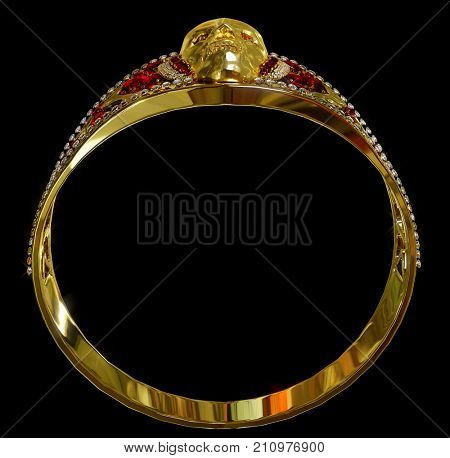 Jewelry gold skull from pirate treasure or hoard ring with diamond and red ruby gems. Antiques fingers ring may be magic vampire artifact. Luxury bijouterie band for biker. 3D rendering.
