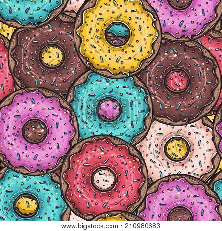Seamless pattern with colored donuts. Vector illustration.