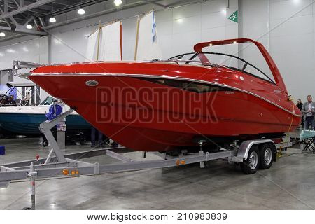 Moscow - March 09 2017: Yacht Magniff for 10 International boat show in Moscow. Russia.