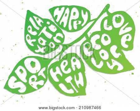 Healthy Life balanse vector concept illustration. Leaves with lettering on them about sport, health and happy life with texture, isolated on white background. Balanced part of human life