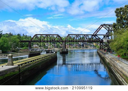 Ballard Locks and Steel Bridge Over Salmon Bay near Seattle