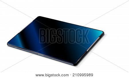 Empty black abstract tablet isolated on a white background. Perspective view. Realistic vector. The tablet lies on the table with a digital screen up. mock up.