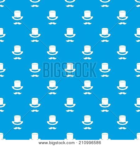 Magic black hat and mustache pattern repeat seamless in blue color for any design. Vector geometric illustration