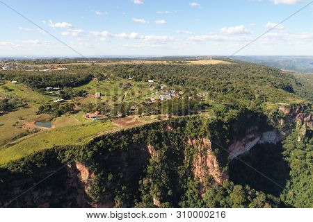 Aerial View Of Morro Dos Ventos Observatory, Chapada Dos Guimaraes, Mato Grosso, Brazil. Great Lands