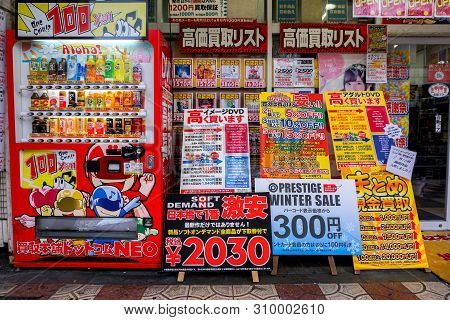 Osaka, Japan, January 16 2019 : Colorful Japanese Price Tag Advertising And Interesting Sign With Ve
