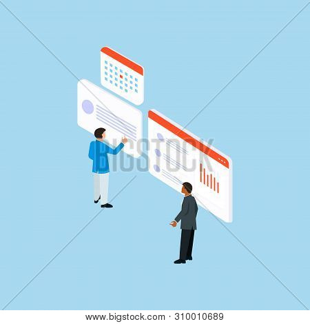 Isomatric Business Analytic Center. Infographic Research. People Working In The Office.