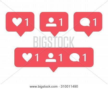 Modern Notifications Icons For Social Media: Heart Symbol, Follower And Comment. Set Of Object On Wh