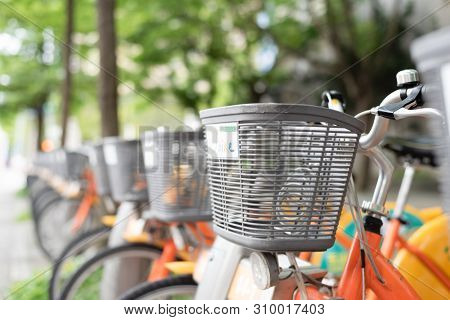 Taipei, Taiwan - May 12th, 2019:row of bicycles called Ubike, a bike sharing system service used by citizens as short-distance transit vehicles in Taipei, Taiwan, Asia