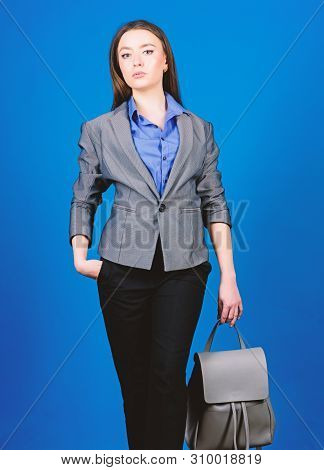 Girl Student In Formal Clothes. Business. Shool Girl With Knapsack. Student Life. Smart Beauty. Nerd