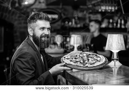 Man Received Delicious Pizza. Enjoy Your Meal. Cheat Meal Concept. Hipster Hungry Eat Italian Pizza.
