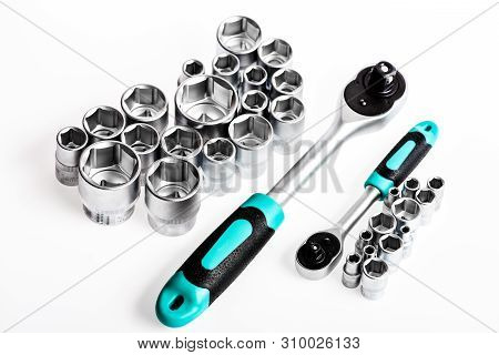 Universal Socket Set White Background Isolated. Crafts And Repair. Knob For Socket Wrench Nut Ratche