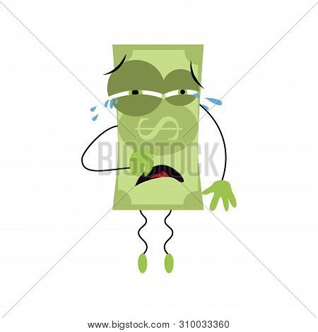 Character Mascot Dollar Banknote Cry, Bankrupt, Financial Loss, Cash Emotion, Vector Illustration