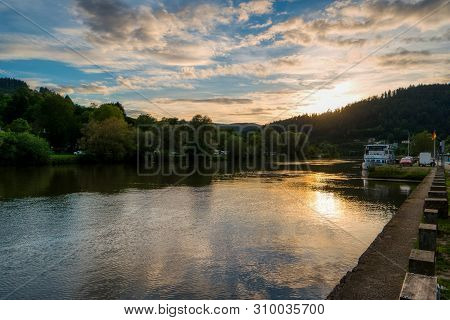 View Of The Neckar Near Eberbach On The Long-distance Hiking Trail Neckarsteig In Germany