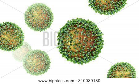 Measles Viruses. 3d Illustration Showing Structure Of Measles Virus With Surface Glycoprotein Spikes