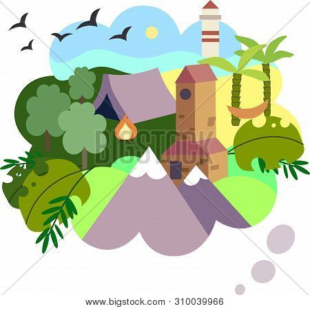 Vector Colorfull Illustration Of The Dream Trip. Different Tipes And Variants Of Travelling. Travell