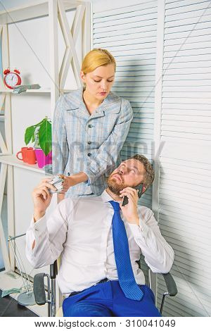 Man Speak Mobile Phone Ask For Money. Accomplices Financial Fraud Crime. Man And Woman Earn Money On