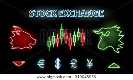 Neon Silhouettes Of Stock Market Symbols: Bear, Bull, Candllestick Chart, Currency Signs. Stock Exch
