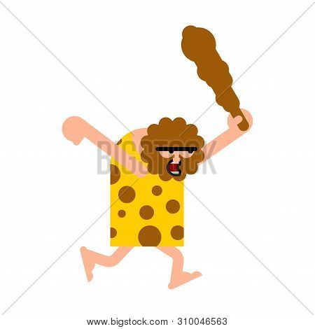 Caveman And Cudgel Isolated. Prehistoric Man Hunter. Ancient Man Is Hunting