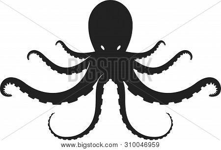 Flat Octopus Silhouette Isolated In Black And White. Symmetrical.