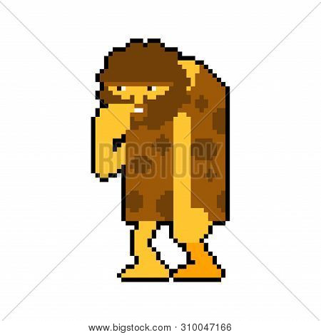 Prehistoric Man Pixel Art Isolated. Caveman 8 Bit. Ancient Man