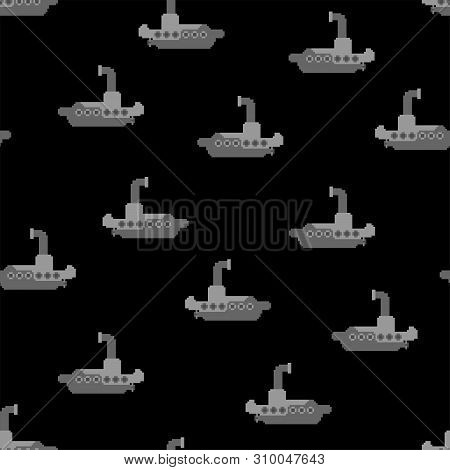 Submarine Pixel Art Pattern Seamless. Ship For Underwater Diving 8 Bit Background . Vector Texture