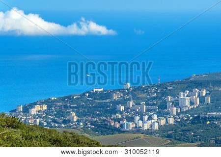 Resort City Of Alushta From Above, Crimea, Russia. Aerial Scenic View Of Alushta. Landscape Of Crime