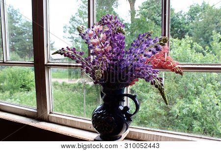 Lupins in a blue vase against the window in the evening
