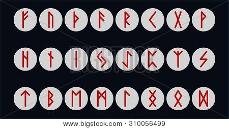 Set Of Ancient Norse Runes. Runic Alphabet, Futhark. Ancient Occult Symbols. Illustration. Old Germa