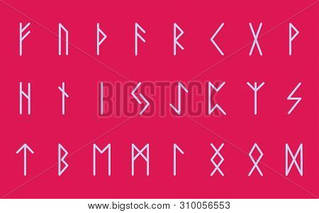Set Of Ancient Norse Runes. Runic Alphabet, Futhark. Ancient Occult Symbols. Illustration. Old Germa
