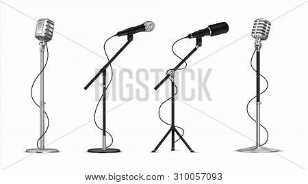Realistic Microphones. 3d Professional Metal Mics With Wire On Holder, Stand-up And Blogging Equipme