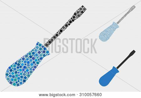 Mosaic Screwdriver Icon Composed Of Circle And Square Elements In Variable Sizes, Positions And Prop