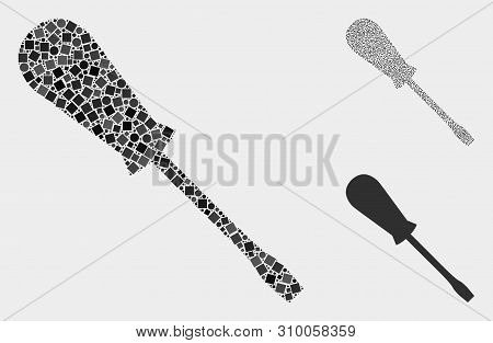 Mosaic Screwdriver Icon United From Circle And Square Items In Variable Sizes, Positions And Proport