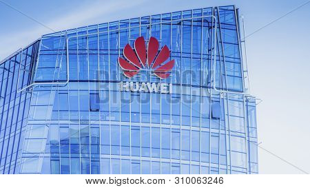 Vilnius, Lithuania - June 03, 2019: Huawei Logo On Modern Building Wall. Huawei Is Chinese Multinati