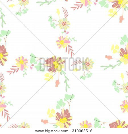 Abstract Simple Flowers Seamless Pattern For Fabric Design. Vector Repeat Illustrations. Romantic Tw