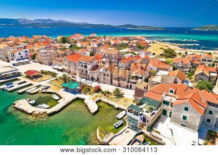 Colorful Island Of Krapanj Aerial Panoramic View, Sea Sponge Harvesting Village, Sibenik Archipelago