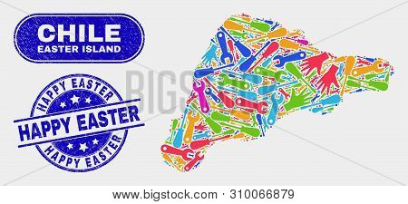 Element Easter Island Map And Blue Happy Easter Scratched Seal Stamp. Colorful Vector Easter Island 