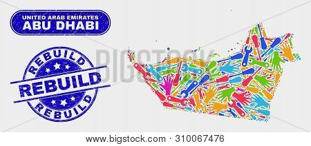 Assemble Abu Dhabi Emirate Map And Blue Rebuild Textured Seal Stamp. Bright Vector Abu Dhabi Emirate
