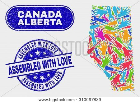 Assembly Alberta Province Map And Blue Assembled With Love Distress Seal Stamp. Colorful Vector Albe