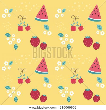 Seamless Pattern Colorful Cherry,strawberry And Watermelon On Yellow Background.