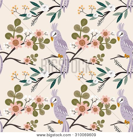 Seamless Pattern Beautyful Bird With Many Flower Background.