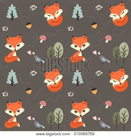 Seamless Pattern Cute Red Fox In The Forest.