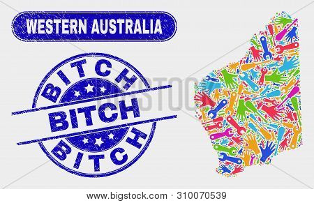 Assemble Western Australia Map And Blue Bitch Textured Stamp. Colored Vector Western Australia Map M