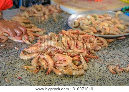 Close Up Of A Lot Of Shrimp At Al Khor Fish Market, Located Near To Corniche. Qatar, Middle East, Ar